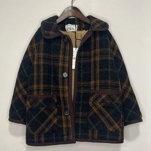 Zara Kids Checkered Pea Coat - Black and Orange